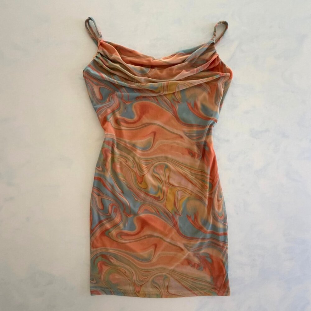 Forever 21 Orange Watercolor Pastel Cowl Neck Bodycon Mini Dress